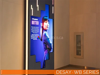The Art Of LED · Desay · WB Series · Telematics Canada · Panel Desay WB Series low-profile indoor LED panels with 1.563 mm resolution, 1000×281.25 mm frame, and 90° corner configurations.