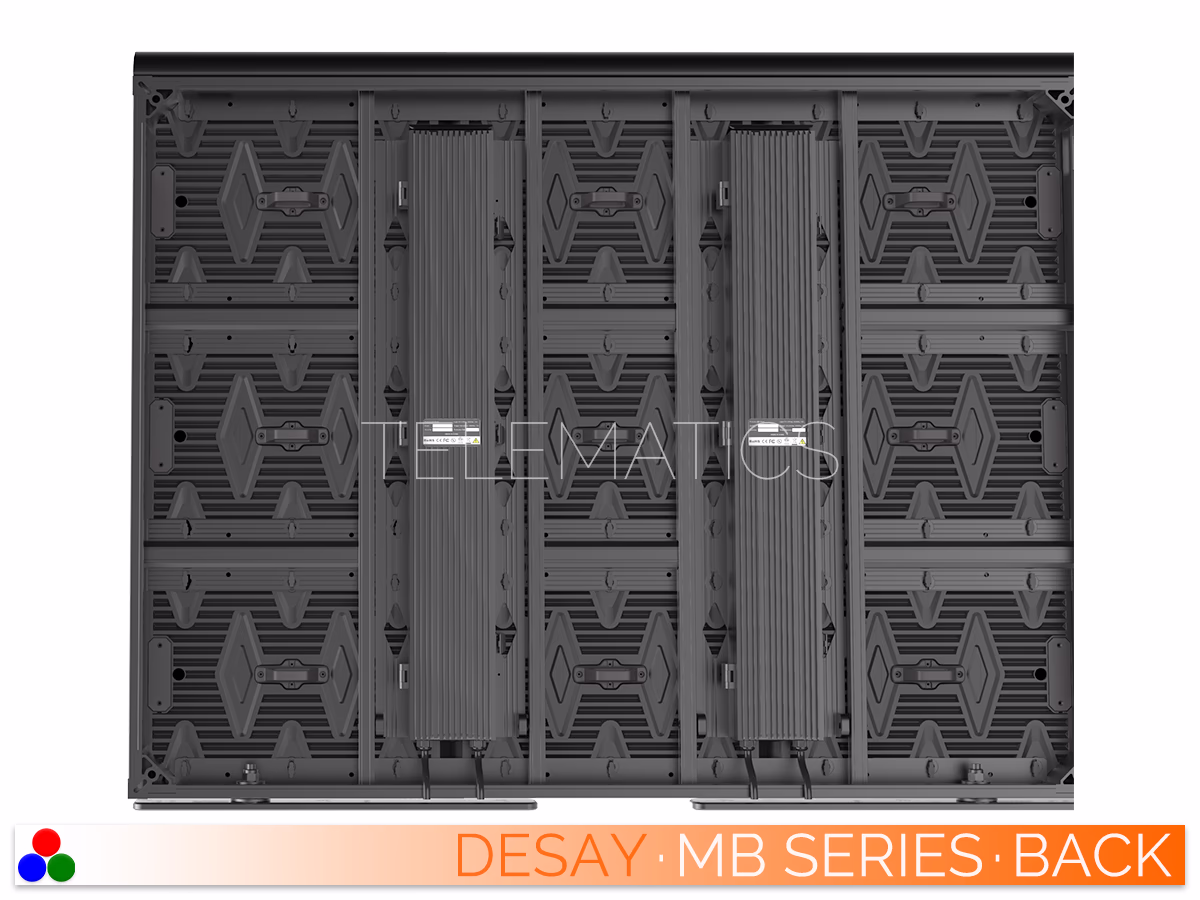 The Art Of LED · Desay MB Series · Telematics Canada Rear view of a 1200mm x 900mm Desay MB Series cabinet configuration featuring a triple-column module layout and dual power supply units.
