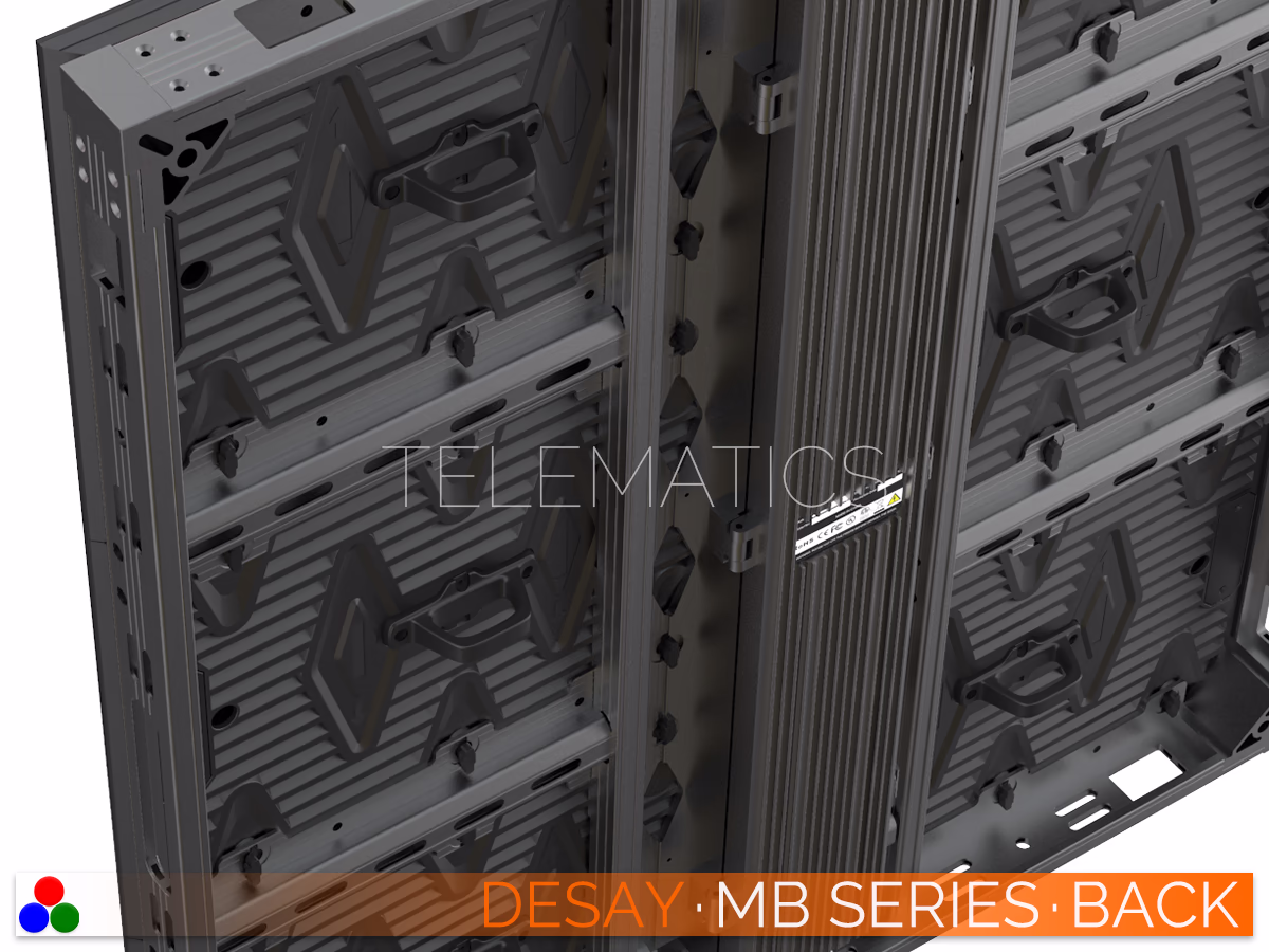 The Art Of LED · Desay MB Series · Telematics Canada Side-angled rear view of the Desay MB Series cabinet demonstrating the slim profile and robust rear maintenance access points.