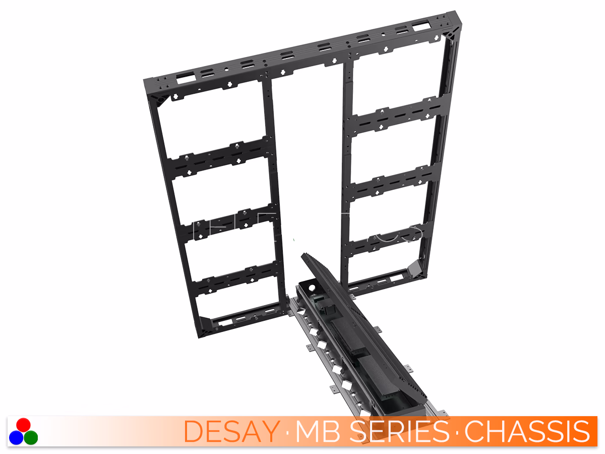 The Art Of LED · Desay MB Series · Telematics Canada Exploded front view of the Desay MB Series chassis illustrating the detachable power and data unit separated from the lightweight aluminum frame.