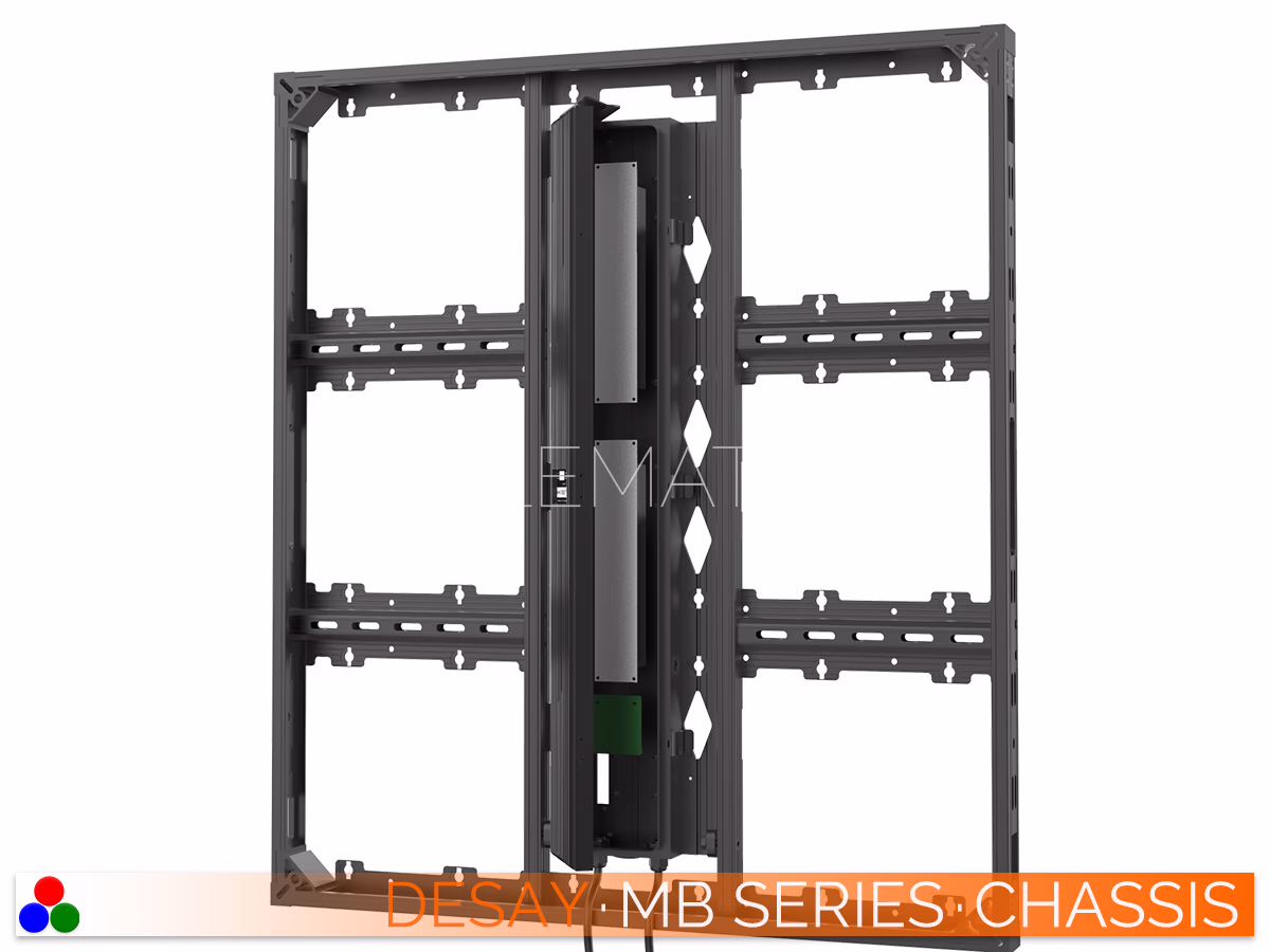 The Art Of LED · Desay MB Series · Telematics Canada Internal view of the Desay MB Series aluminum cabinet frame showing the central power box housing and open cable management channels.