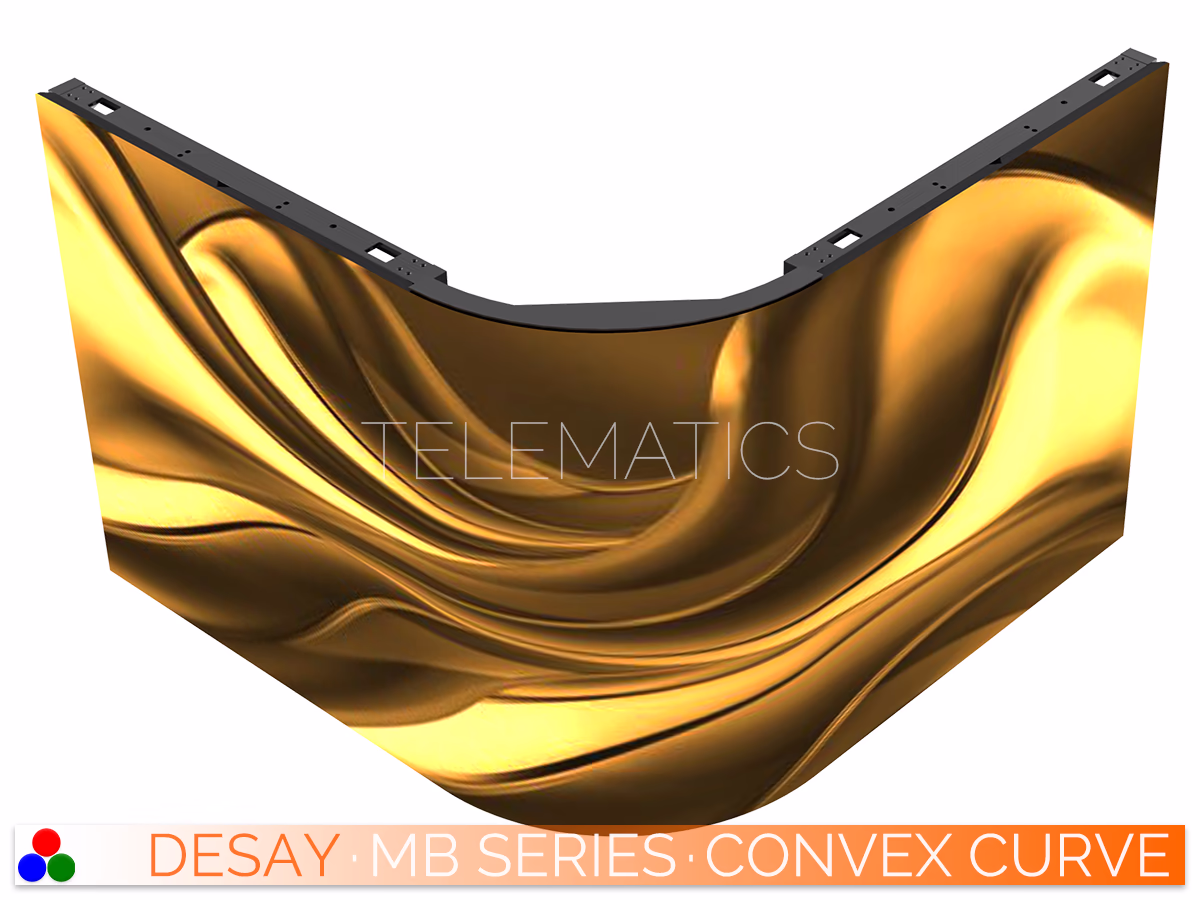 The Art Of LED · Desay MB Series · Telematics Canada Front view of a custom convex curved Desay MB Series LED video wall displaying vibrant gold content to demonstrate flexible architectural integration.