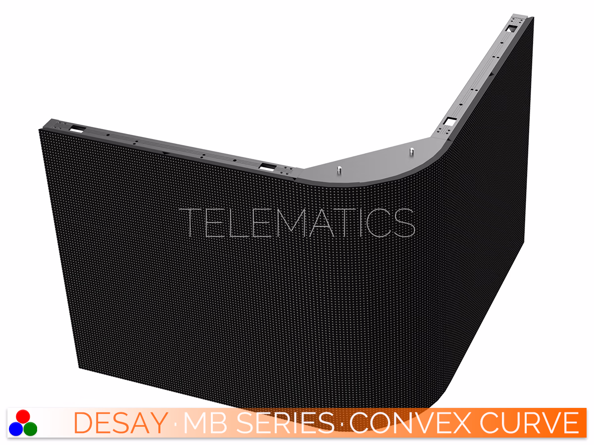The Art Of LED · Desay MB Series · Telematics Canada Structural view of a curved Desay MB Series cabinet showing the specialized top alignment pins and housing designed for smooth convex configurations.