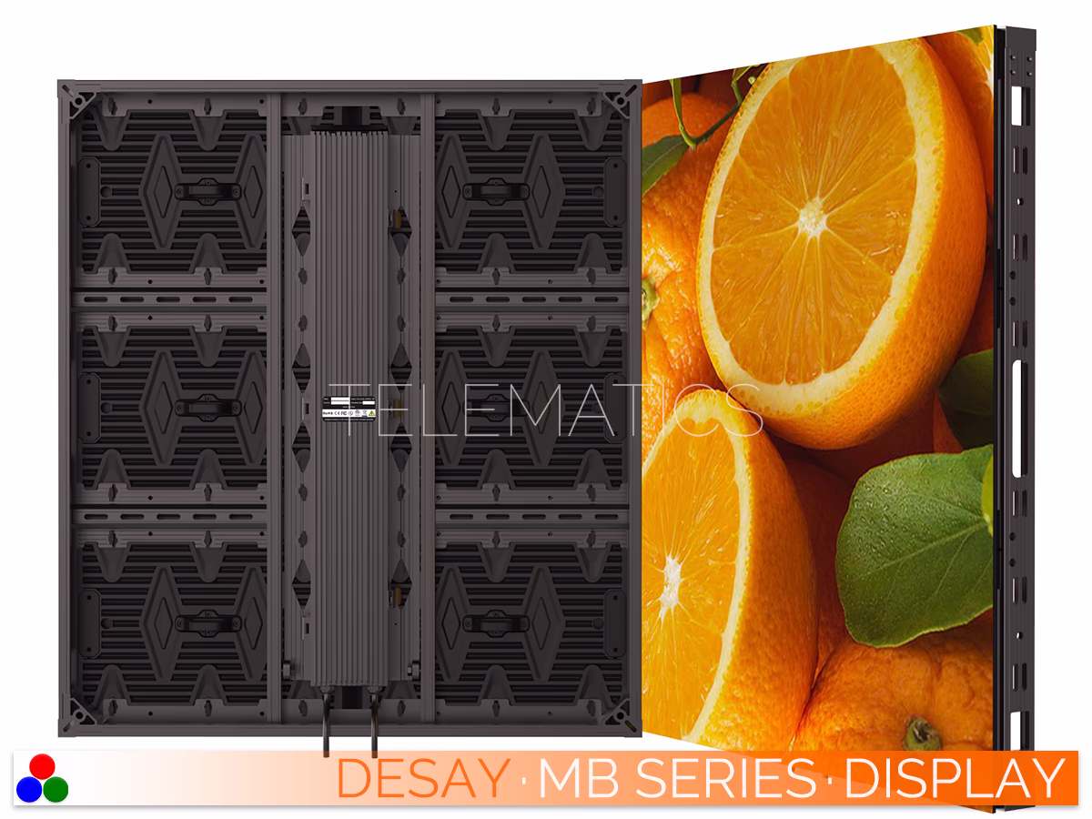 The Art Of LED · Desay MB Series · Telematics Canada Dual-view composite of the Desay MB Series showing the rugged rear mechanical structure alongside the vibrant front display surface featuring high-definition content.