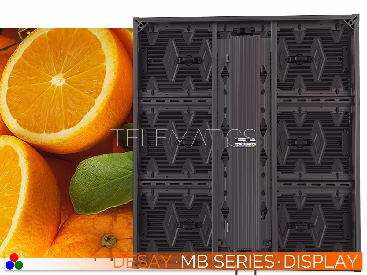 The Art Of LED · Desay MB Series · Telematics Canada Composite image of the Desay MB Series LED display contrasting the high-brightness front visual performance with the durable rear aluminum chassis and professional sink power box.