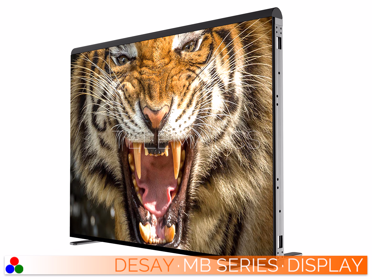 The Art Of LED · Desay MB Series · Telematics Canada Side-angled view of a Desay MB Series LED cabinet displaying a high-contrast tiger image to demonstrate vivid color reproduction and the slim, lightweight profile.