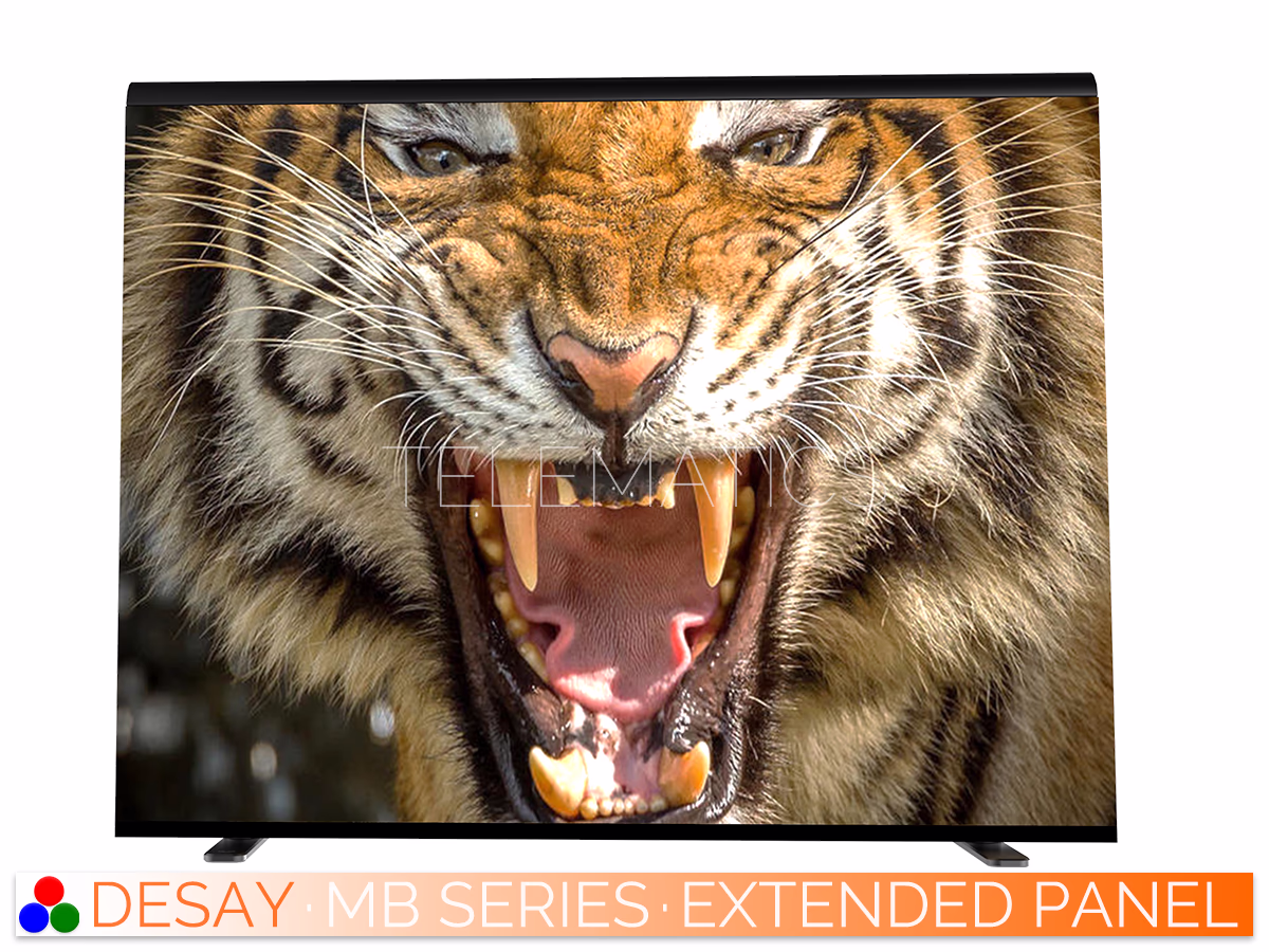 The Art Of LED · Desay MB Series · Telematics Canada Front view of a Desay MB Series extended LED display showing a tiger image, demonstrating the seamless scalability of the panels for high-impact visual presentations.