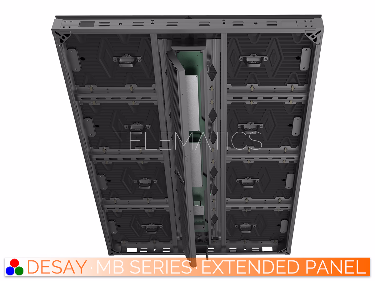 The Art Of LED · Desay MB Series · Telematics Canada Steep upward angle view of the Desay MB Series 800mm x 1200mm extended cabinet, detailing the robust bottom frame and vertical power supply integration.