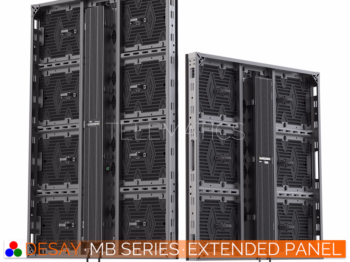 The Art Of LED · Desay MB Series · Telematics Canada Side-by-side comparison of the standard Desay MB Series cabinet versus the extended height version, illustrating the modular sizing options for versatile video wall designs.