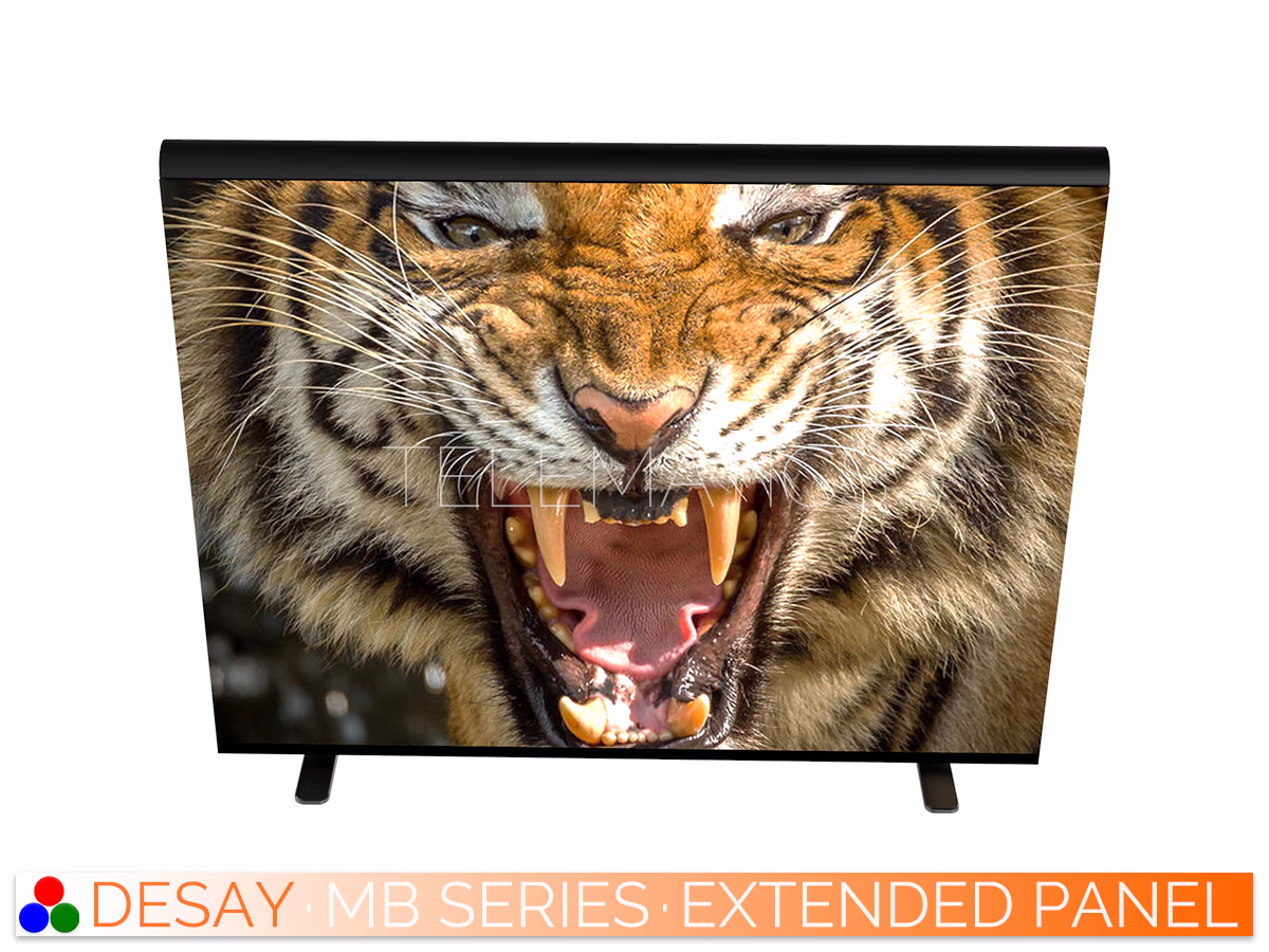 The Art Of LED · Desay MB Series · Telematics Canada Angled front view of a Desay MB Series extended panel video wall on floor stands, showcasing the wide viewing angle and high brightness capabilities for outdoor use.
