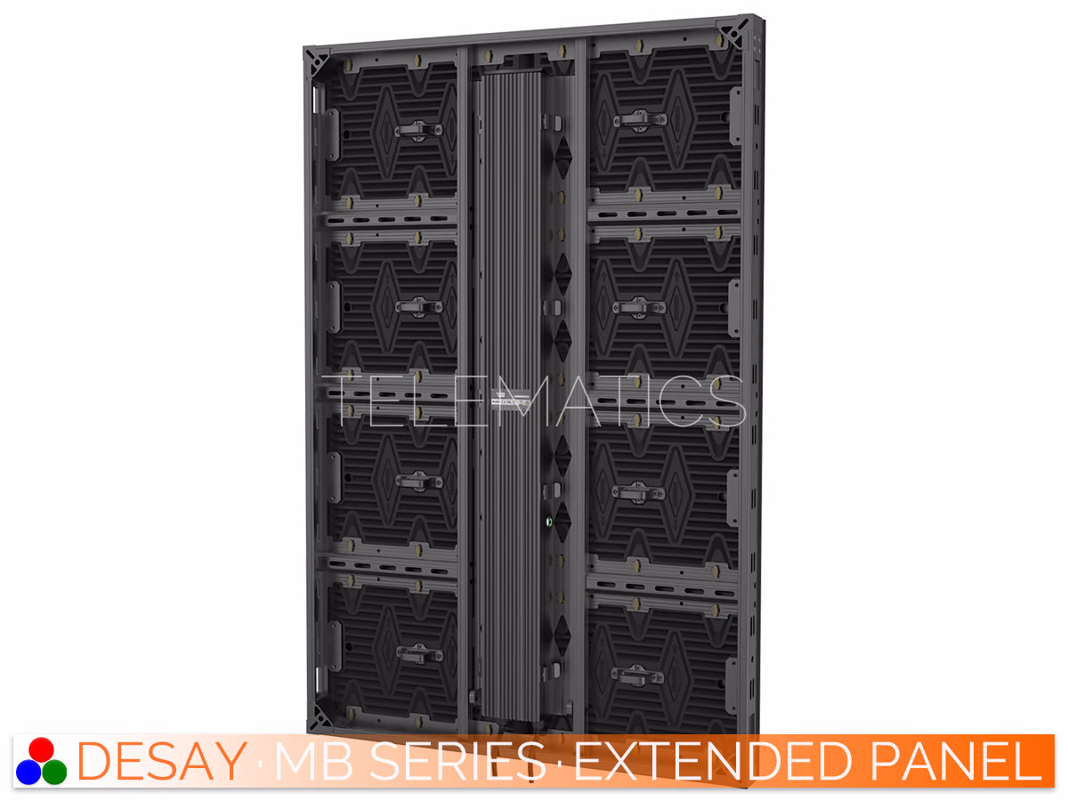 The Art Of LED · Desay MB Series · Telematics Canada Detailed rear view of the Desay MB Series extended panel chassis, focusing on the central vertical spine that houses the power and data components.