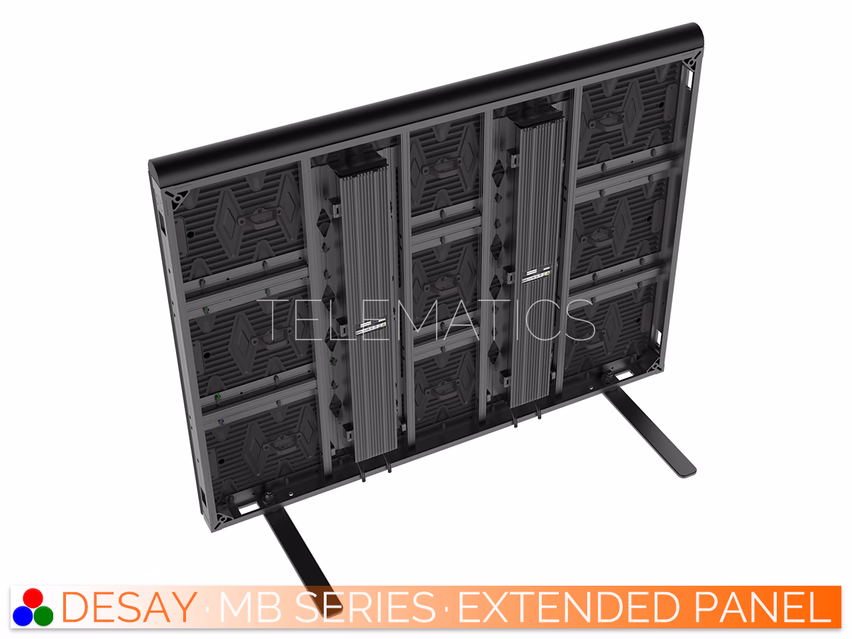 The Art Of LED · Desay MB Series · Telematics Canada Rear view of a Desay MB Series extended 1200mm high cabinet configuration mounted on floor stands, showing the dual power box layout for larger panel dimensions.