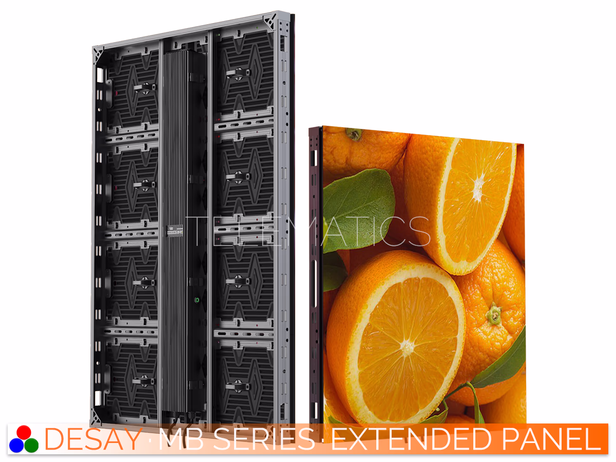 The Art Of LED · Desay MB Series · Telematics Canada Side profile comparison of a Desay MB Series extended cabinet, highlighting the slim aluminum frame depth relative to the large-format visual display surface.
