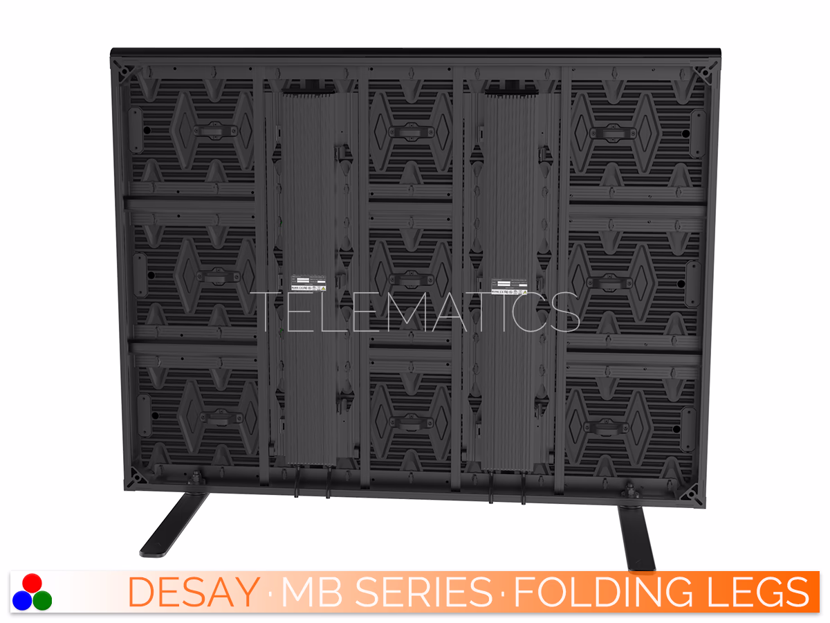 The Art Of LED · Desay MB Series · Telematics Canada Rear elevation of the 1200mm Desay MB Series extended panel on floor stands, demonstrating the sturdy integration of the frame and support legs.