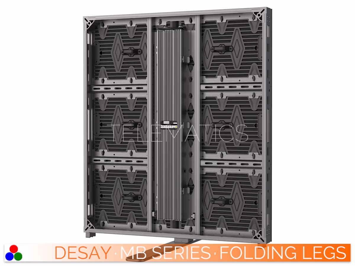 The Art Of LED · Desay MB Series · Telematics Canada Rear structural view of the standard 800mm x 900mm Desay MB Series cabinet mounted on a folding leg stand for sports perimeter applications.