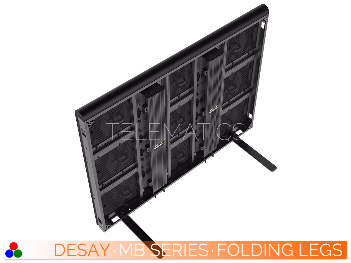 The Art Of LED · Desay MB Series · Telematics Canada Top-down rear view of the Desay MB Series connected with folding legs, showing the neat alignment and depth of the floor support structure.