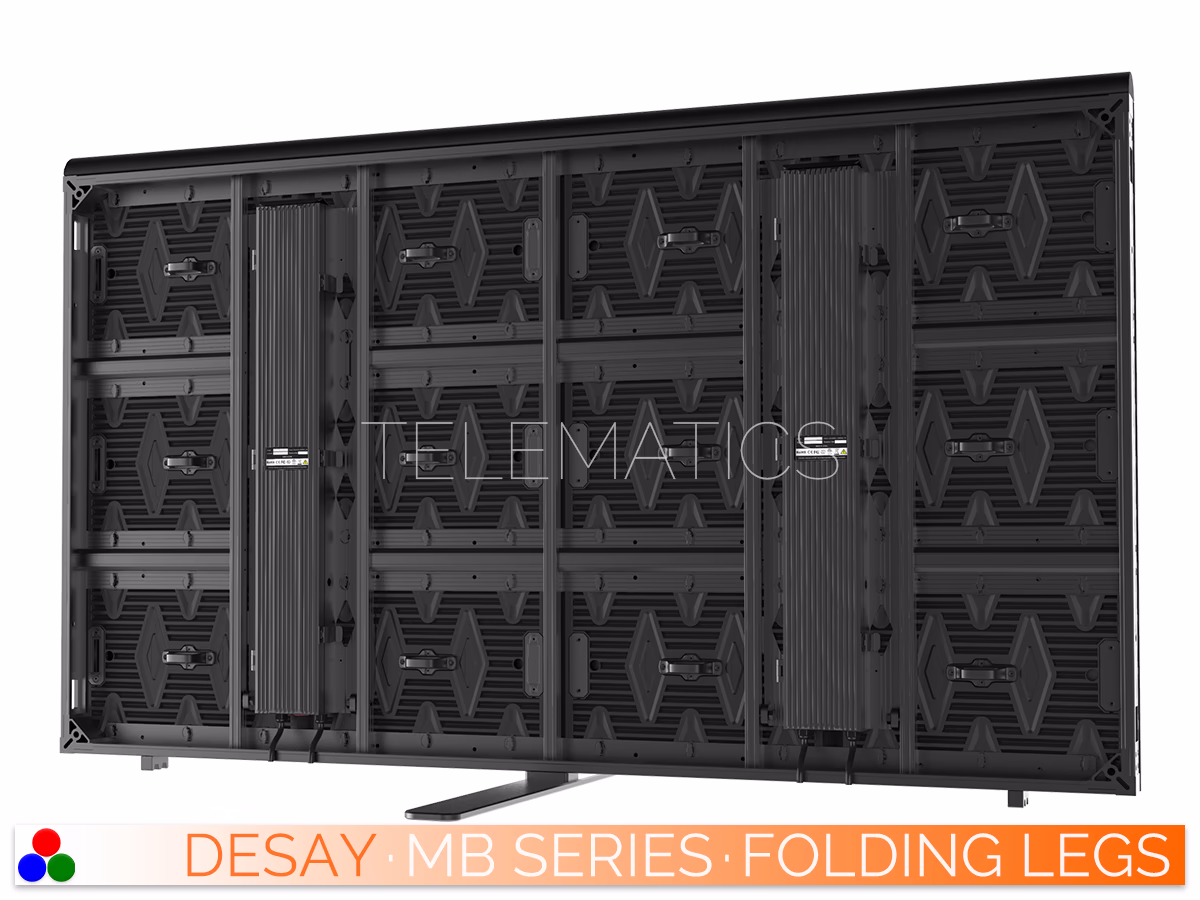 The Art Of LED · Desay MB Series · Telematics Canada Rear assembly perspective of a Desay MB Series video wall using floor stands, illustrating the locking connection between cabinets and support legs.