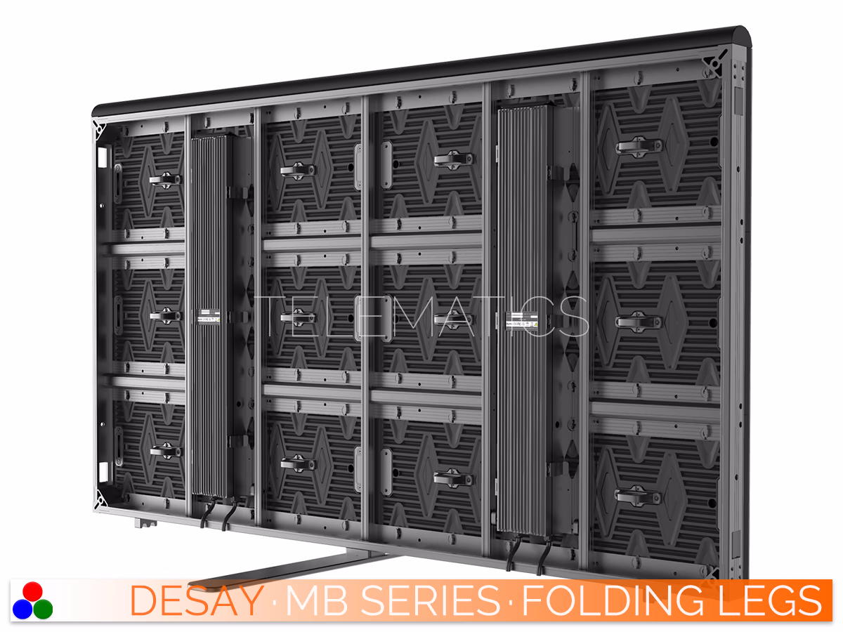 The Art Of LED · Desay MB Series · Telematics Canada Rear view of a compact Desay MB Series cabinet configuration with folding legs, demonstrating the versatile ground-stacking capabilities.