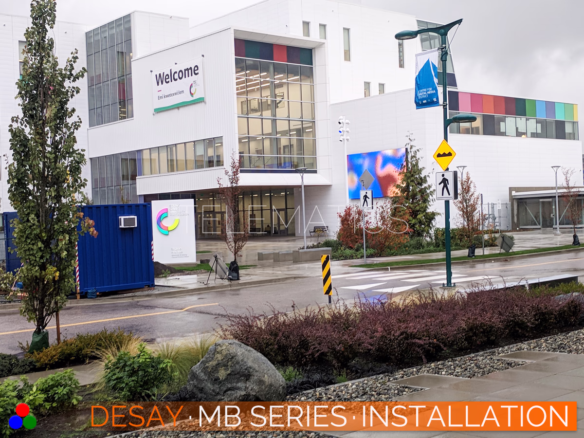 The Art Of LED · Desay MB Series · Telematics Canada Wide angle view of the Emily Carr University campus featuring a high-brightness Desay MB Series outdoor LED display integrated into the building facade.
