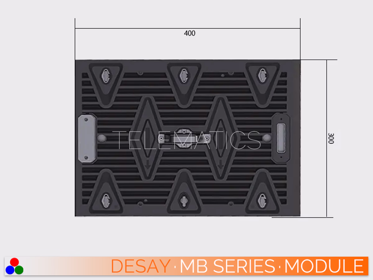 The Art Of LED · Desay MB Series · Telematics Canada Rear view of a 400mm x 300mm Desay MB Series LED module showing the rugged aluminum construction and integrated positioning pins.