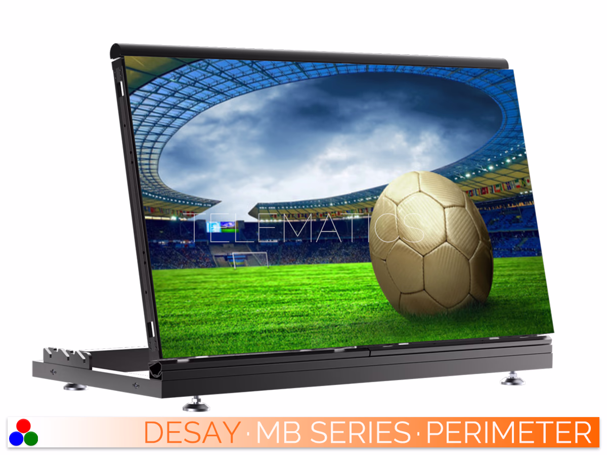 The Art Of LED · Desay MB Series · Telematics Canada Front view of a Desay MB Series sports perimeter LED display showing stadium content, featuring a soft top protection mask and adjustable ground tilt.