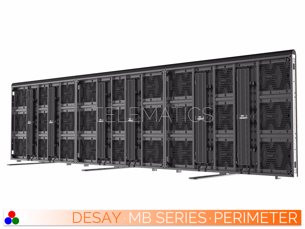 The Art Of LED · Desay MB Series · Telematics Canada Rear panoramic view of a multi-cabinet Desay MB Series perimeter setup, illustrating the seamless mechanical connection and uniform support structure.