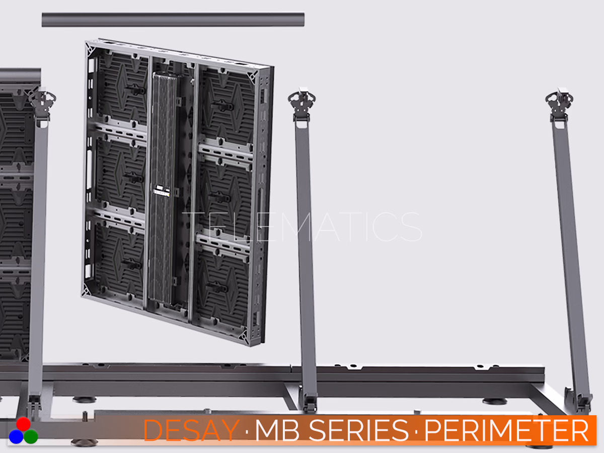 The Art Of LED · Desay MB Series · Telematics Canada Assembly diagram of the Desay MB Series perimeter system illustrating the connection between the LED cabinet and the rear support bracing bars.