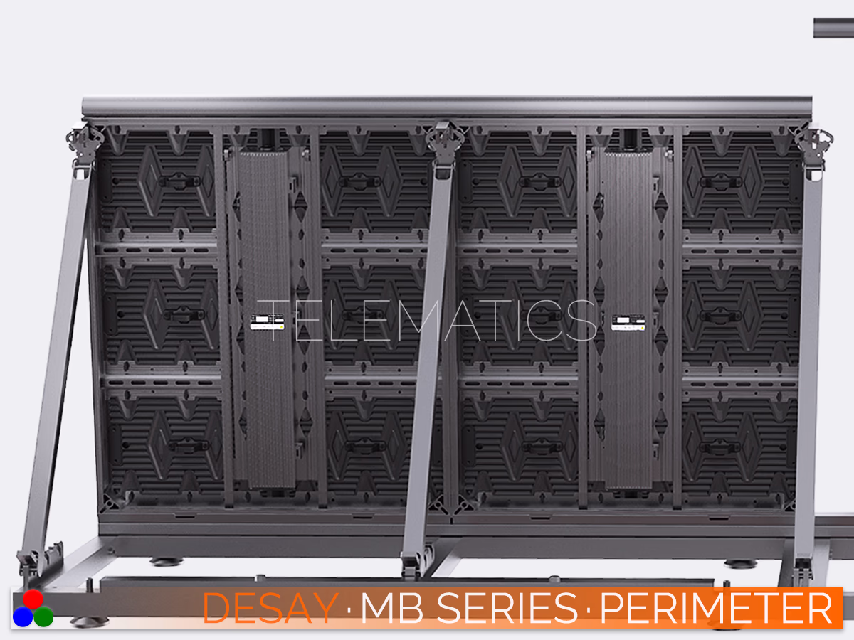 The Art Of LED · Desay MB Series · Telematics Canada Rear view of Desay MB Series cabinets interconnected on a heavy-duty stadium perimeter rigging frame, demonstrating stable ground support deployment.