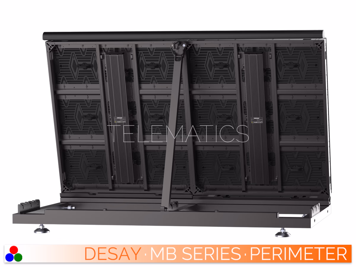 The Art Of LED · Desay MB Series · Telematics Canada Rear structural view of a Desay MB Series perimeter cabinet mounted on an adjustable ground support stand, allowing for variable viewing angles.