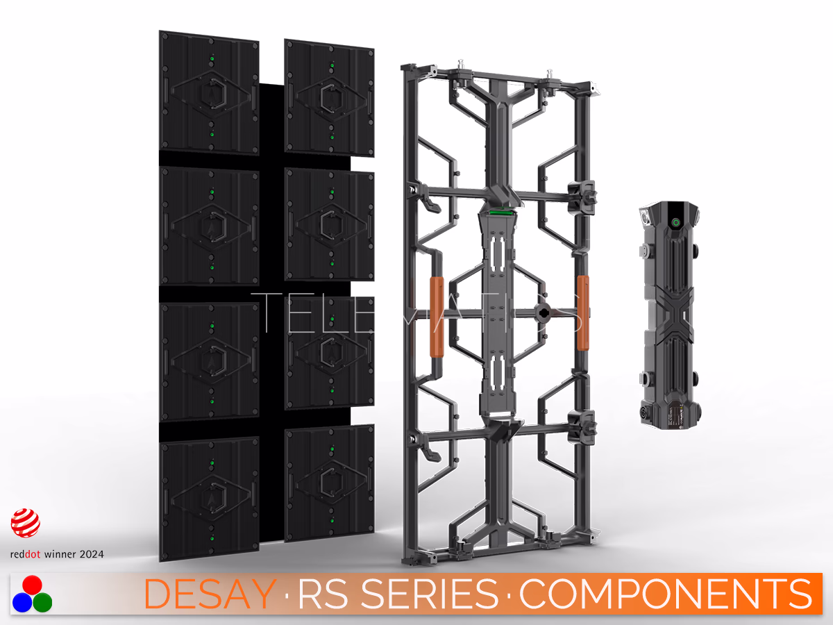 The Art Of LED · Desay RS Series · Telematics Canada Desay RS Series 500x1000mm cabinet exploded view detailing the eight magnetic modules, structural frame with orange handles, and the detachable central power unit for tool-free servicing.